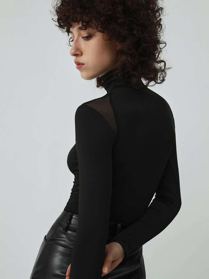 Patchwork Mesh Turtleneck Long Sleeve Bodysuit  Liora Lane Boutique Bodysuits