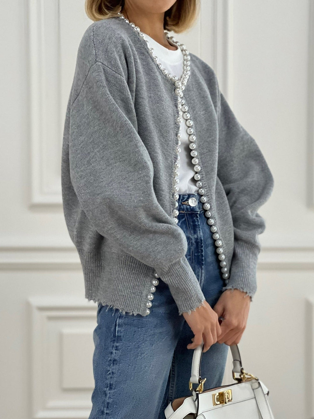 Pearl Trim Ripped Hem Cardigan  Liora Lane Boutique Cardigans