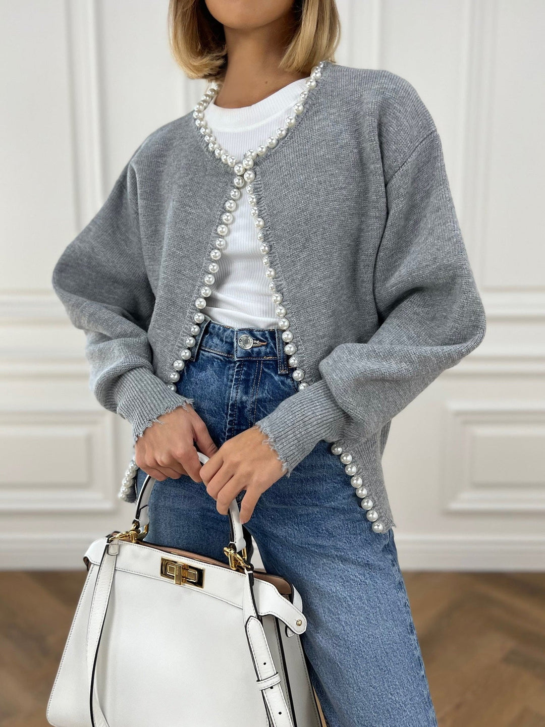 Pearl Trim Ripped Hem Cardigan  Liora Lane Boutique Cardigans Grey / XL 62.00