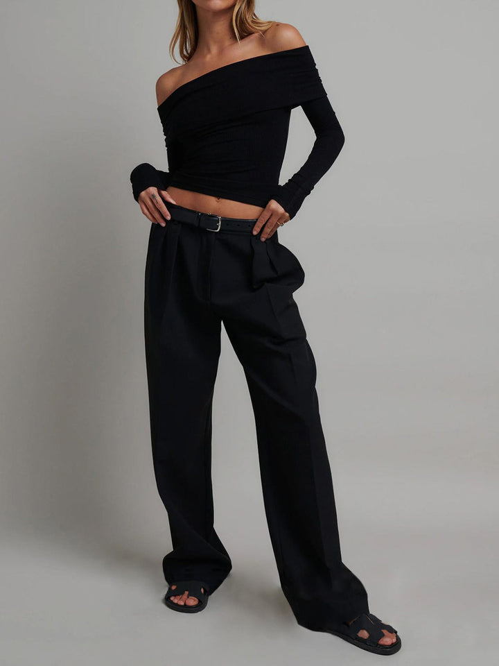 Off Shoulder Overfold Long Sleeve Crop Shirt  Liora Lane Boutique T-Shirts