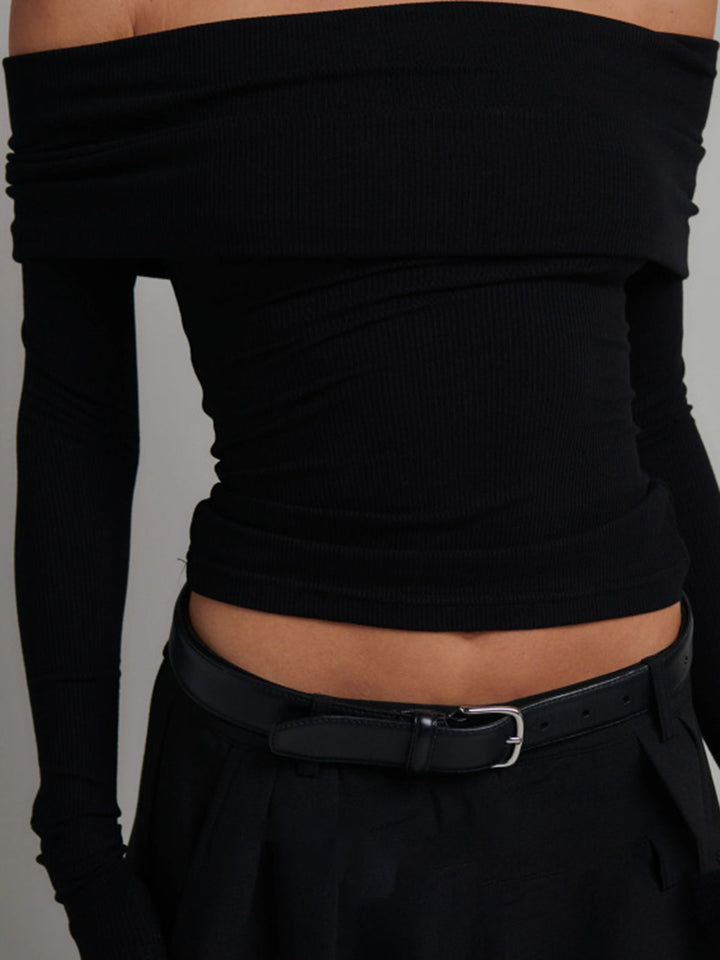 Off Shoulder Overfold Long Sleeve Crop Shirt  Liora Lane Boutique T-Shirts