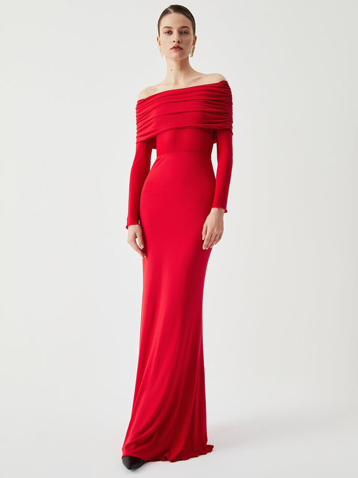 Semi-Sheer Off-Shoulder Mesh Long Sleeve Long Dress  Liora Lane Boutique Dresses Red / XL 125.99