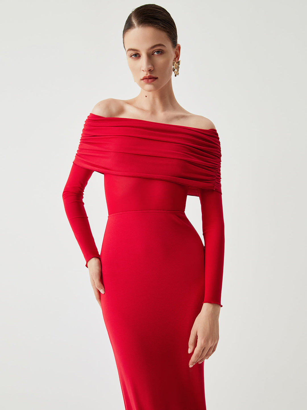 Semi-Sheer Off-Shoulder Mesh Long Sleeve Long Dress  Liora Lane Boutique Dresses