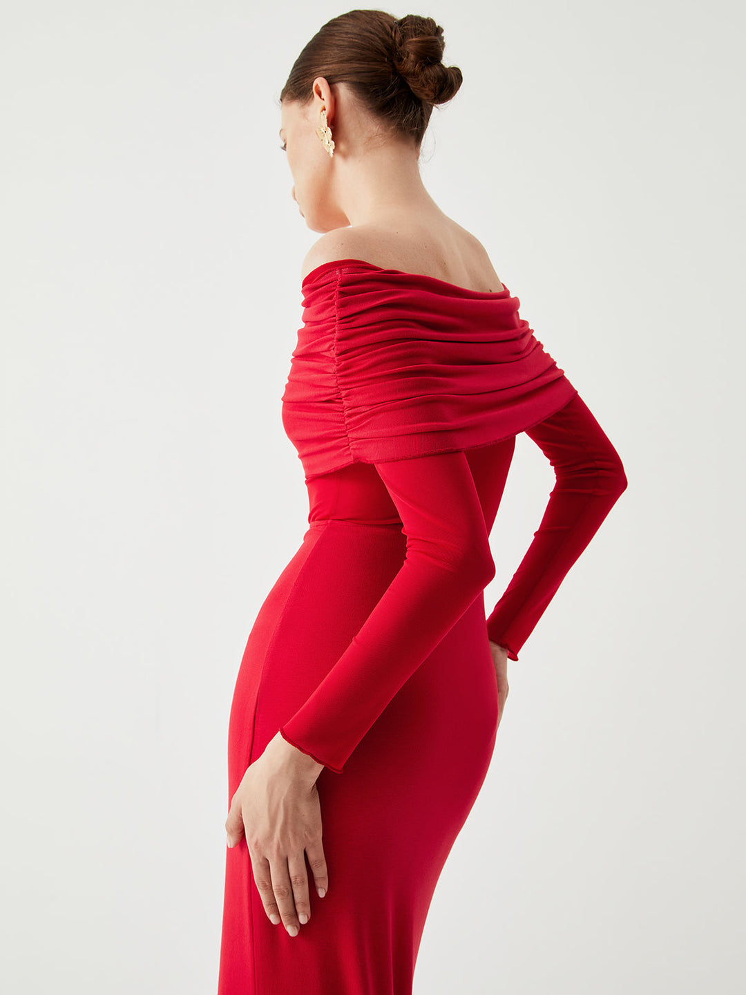 Semi-Sheer Off-Shoulder Mesh Long Sleeve Long Dress  Liora Lane Boutique Dresses