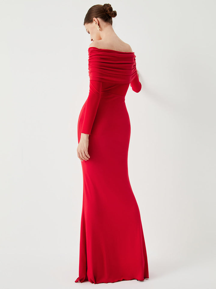 Semi-Sheer Off-Shoulder Mesh Long Sleeve Long Dress  Liora Lane Boutique Dresses
