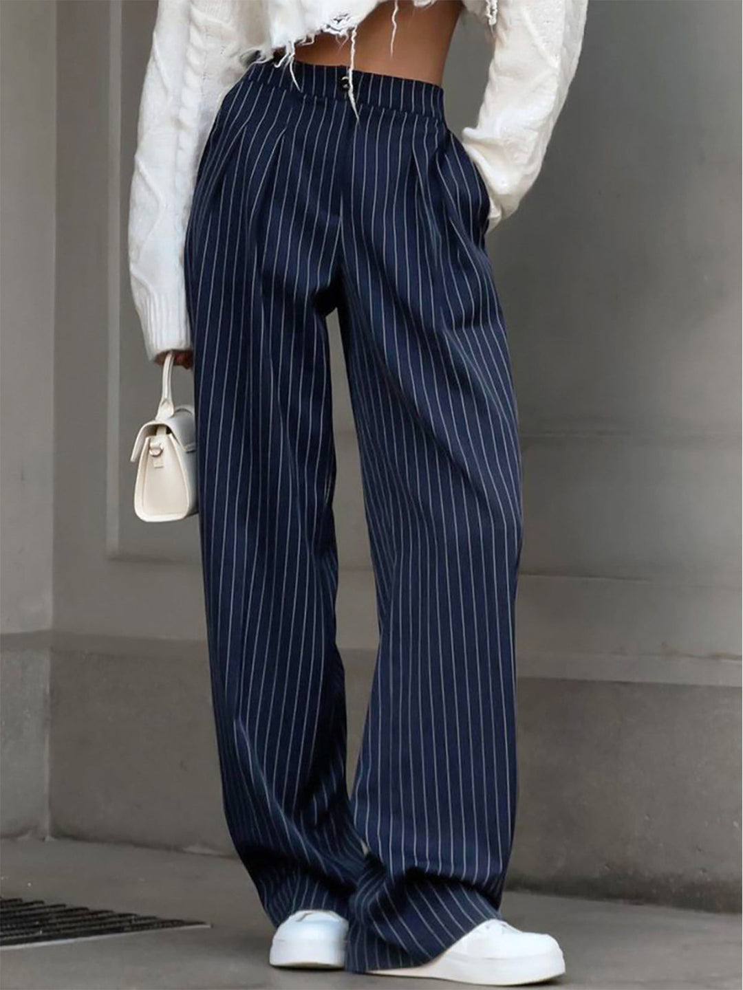Pinstripe Pleated Wide-Leg Pants  Liora Lane Boutique Pants Navy / XL 39.00