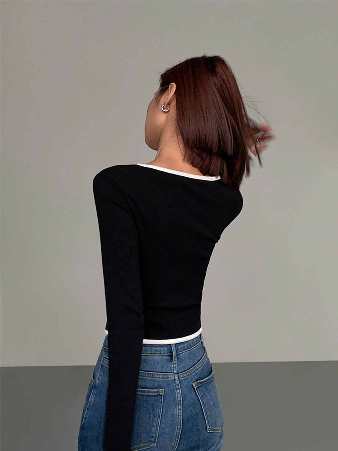Square Neck Contrast Trim Long Sleeve Knit Shirt  Liora Lane Boutique T-Shirts