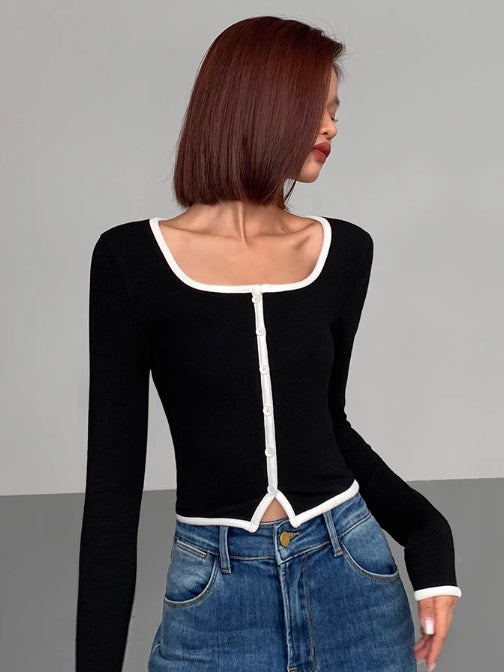 Square Neck Contrast Trim Long Sleeve Knit Shirt  Liora Lane Boutique T-Shirts