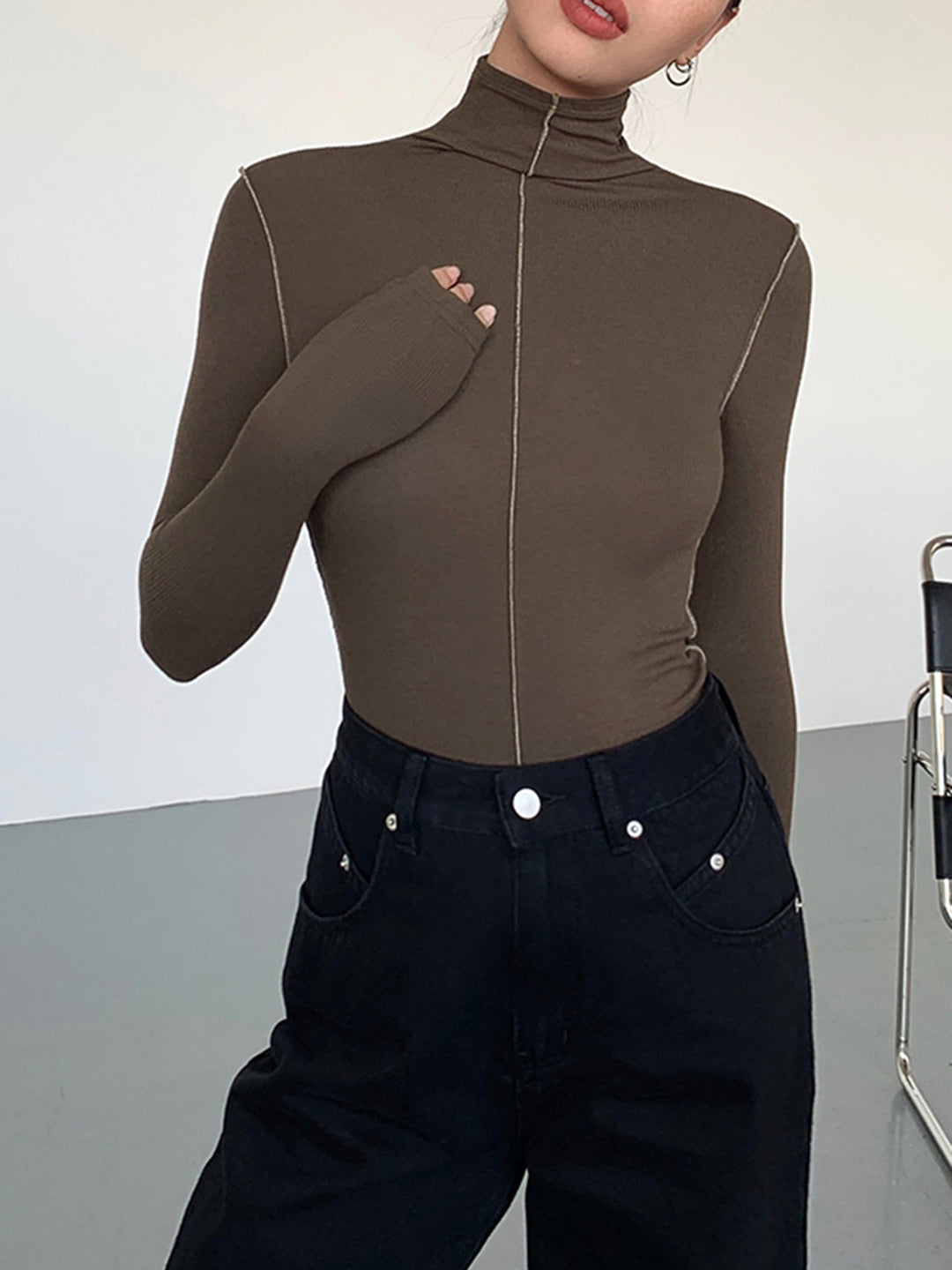 Slinky Turtleneck Contrast Trim Ribbed Knit Shirt  Liora Lane Boutique T-Shirts