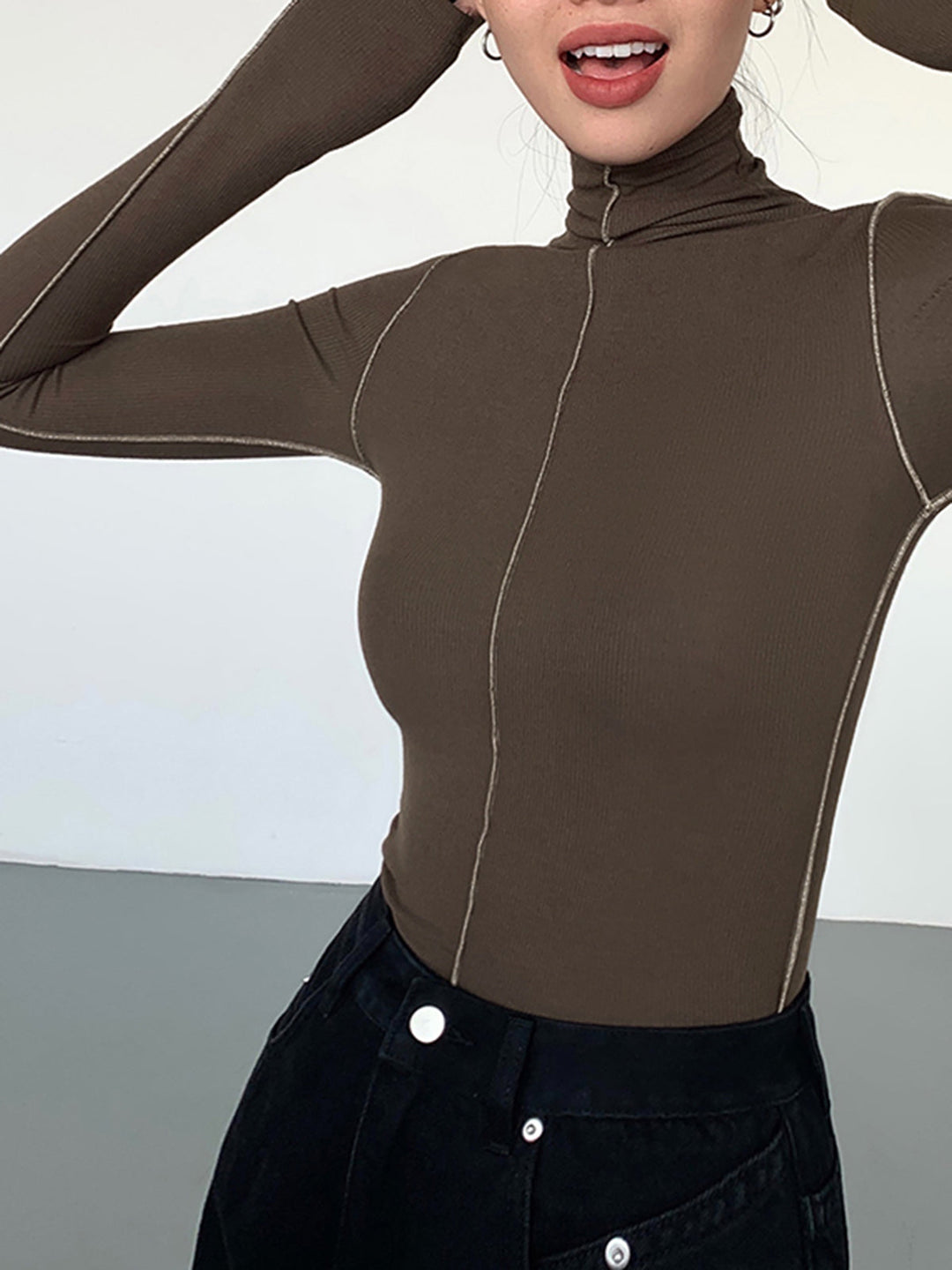 Slinky Turtleneck Contrast Trim Ribbed Knit Shirt  Liora Lane Boutique T-Shirts