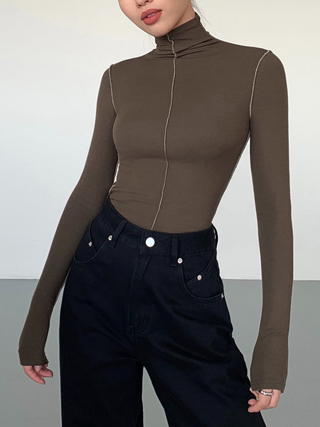 Slinky Turtleneck Contrast Trim Ribbed Knit Shirt  Liora Lane Boutique T-Shirts