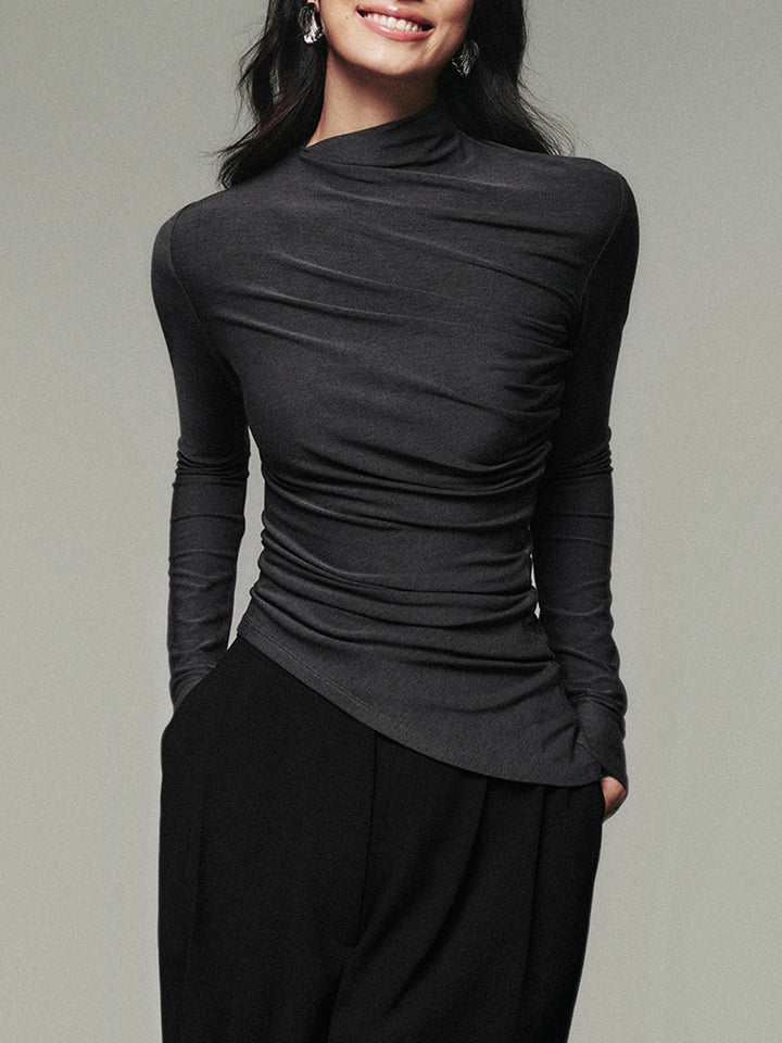 Asymmetric Collar Draped Long Sleeve Shirt  Liora Lane Boutique T-Shirts