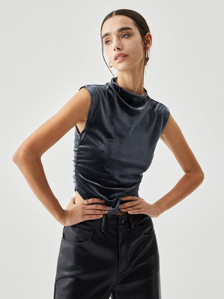 Velvet Draped Mock Neck Sleeveless Crop Top  Liora Lane Boutique T-Shirts