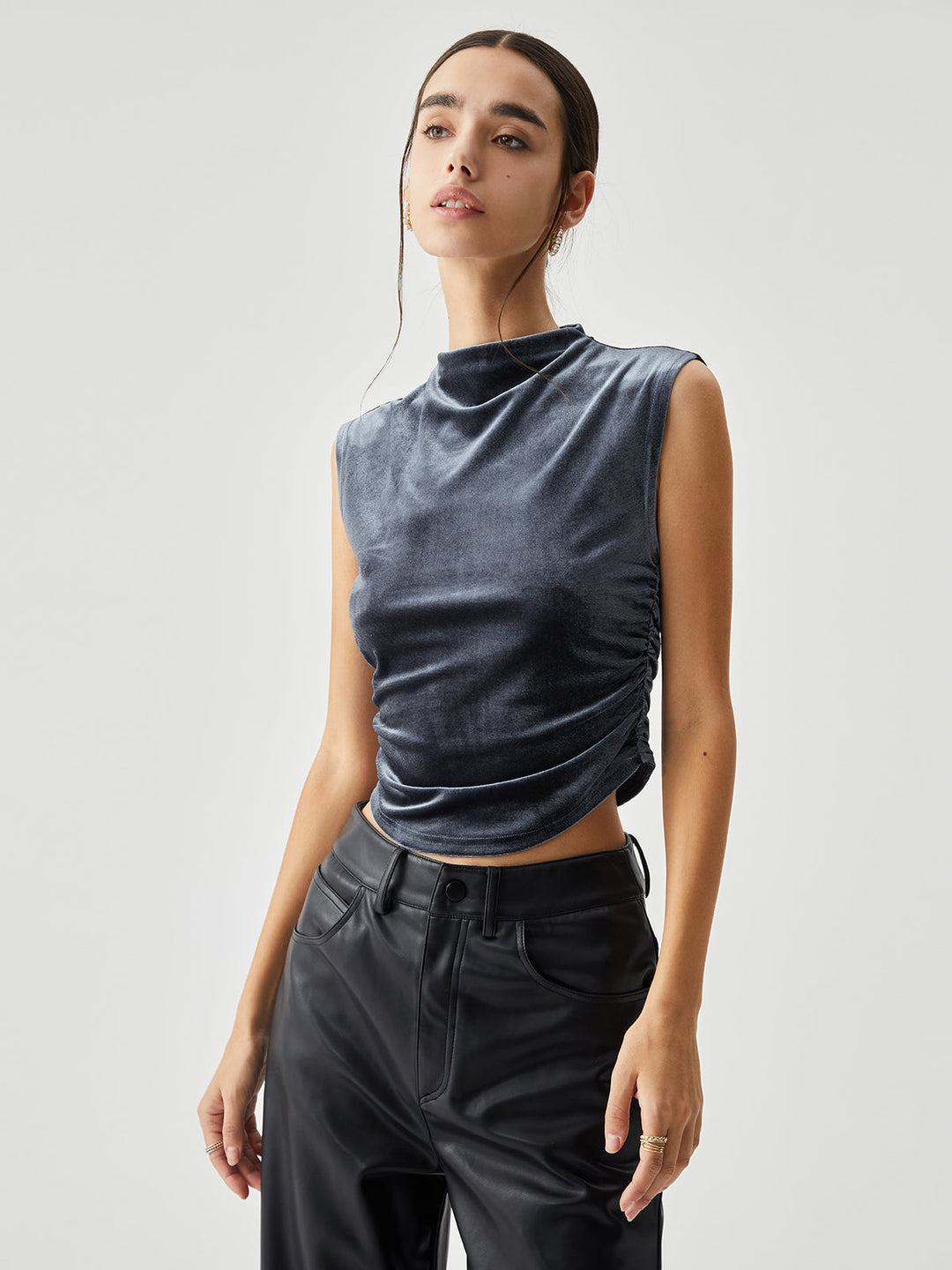 Velvet Draped Mock Neck Sleeveless Crop Top  Liora Lane Boutique T-Shirts Blue / XL 18.00