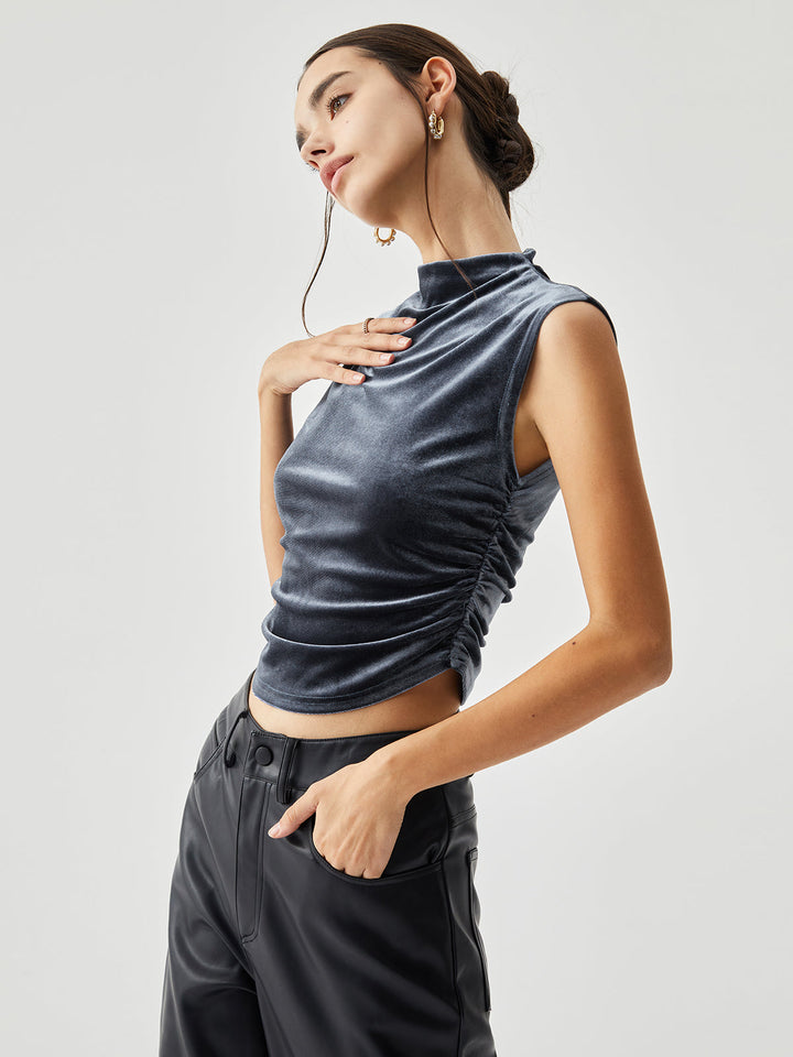Velvet Draped Mock Neck Sleeveless Crop Top  Liora Lane Boutique T-Shirts