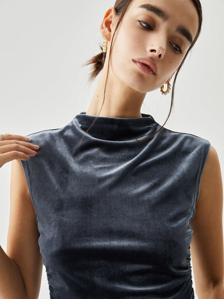 Velvet Draped Mock Neck Sleeveless Crop Top  Liora Lane Boutique T-Shirts
