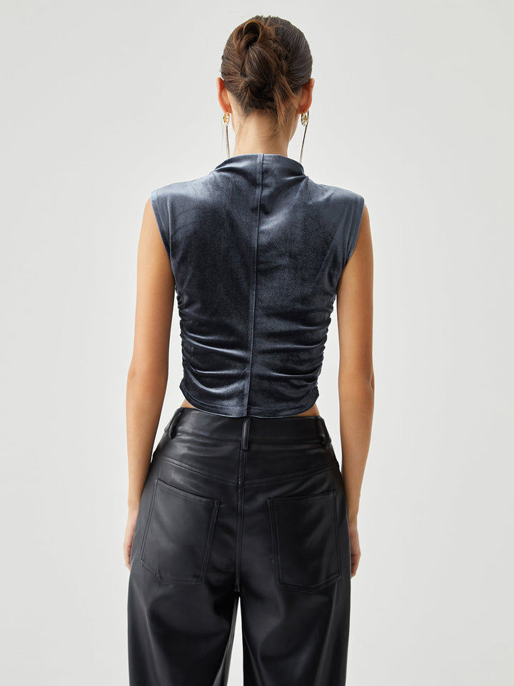 Velvet Draped Mock Neck Sleeveless Crop Top  Liora Lane Boutique T-Shirts