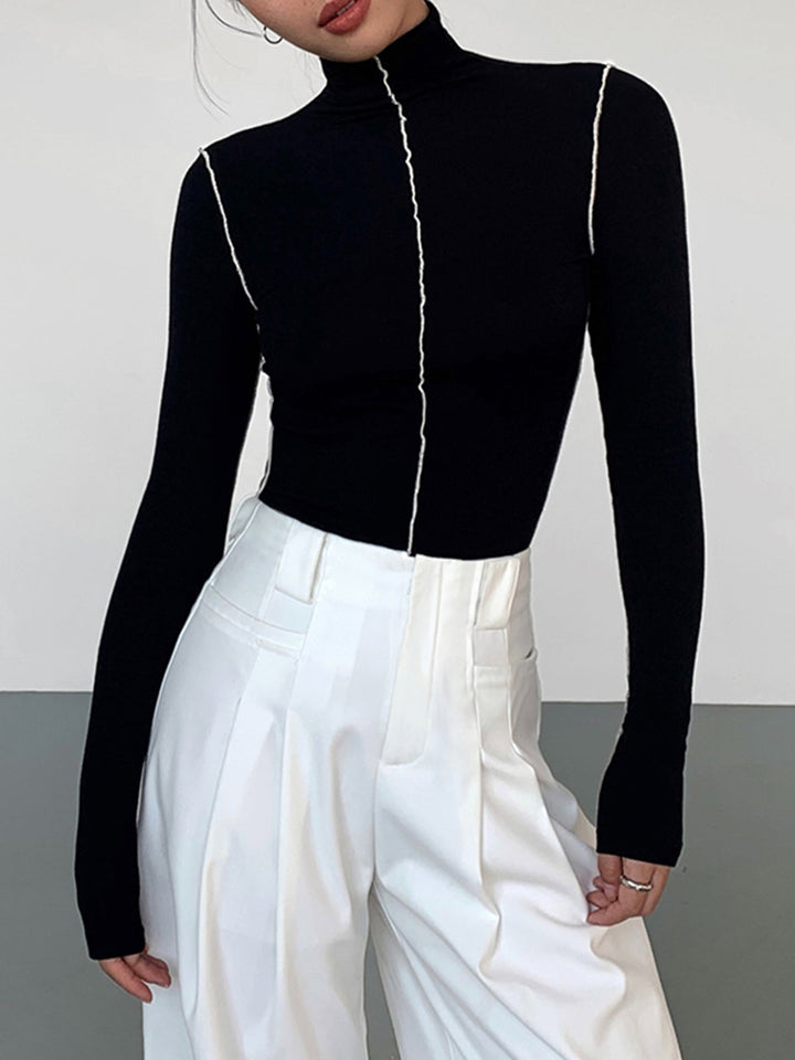 Slinky Turtleneck Contrast Trim Ribbed Knit Shirt  Liora Lane Boutique T-Shirts Black / XL 24.00