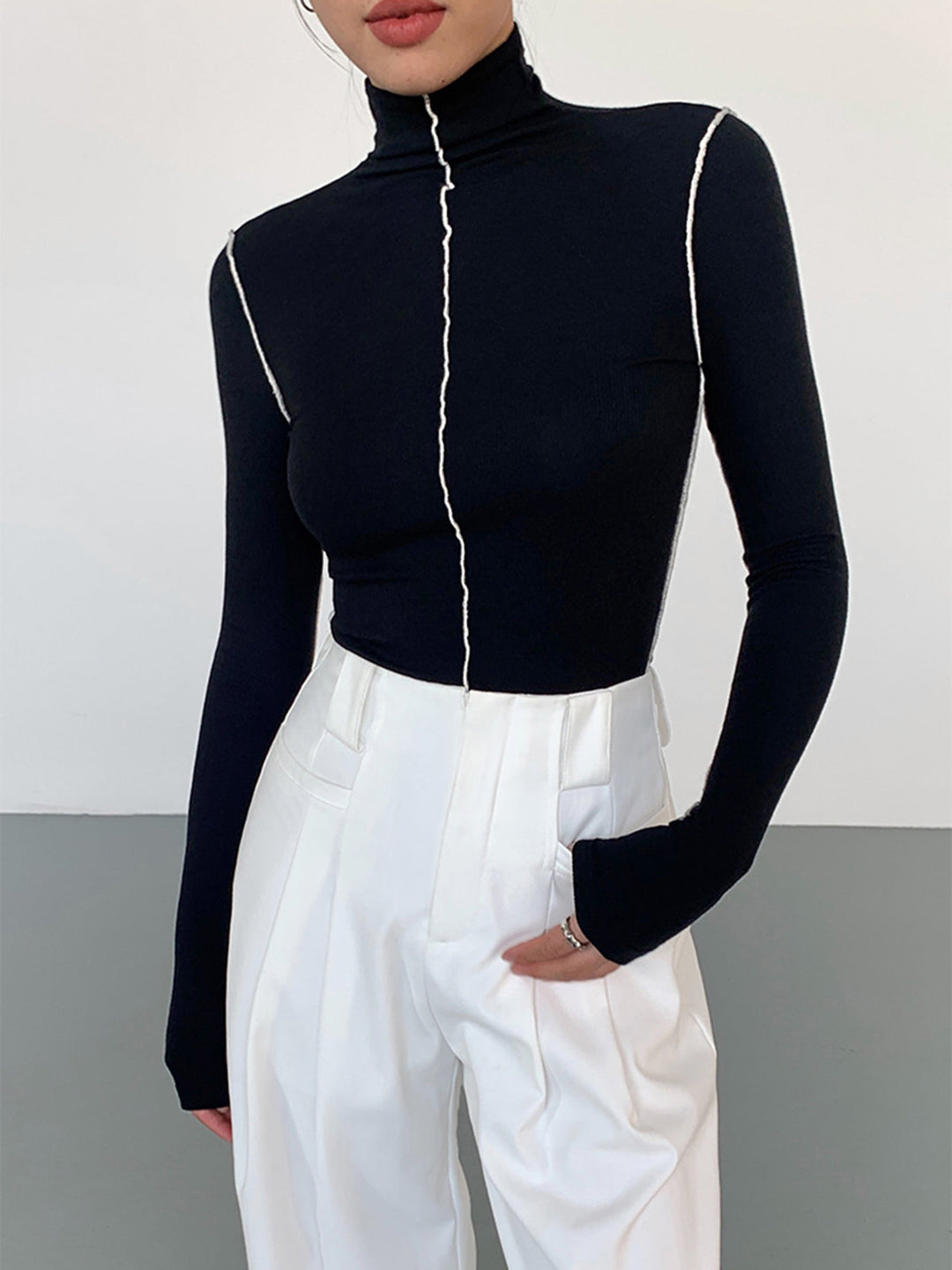 Slinky Turtleneck Contrast Trim Ribbed Knit Shirt  Liora Lane Boutique T-Shirts