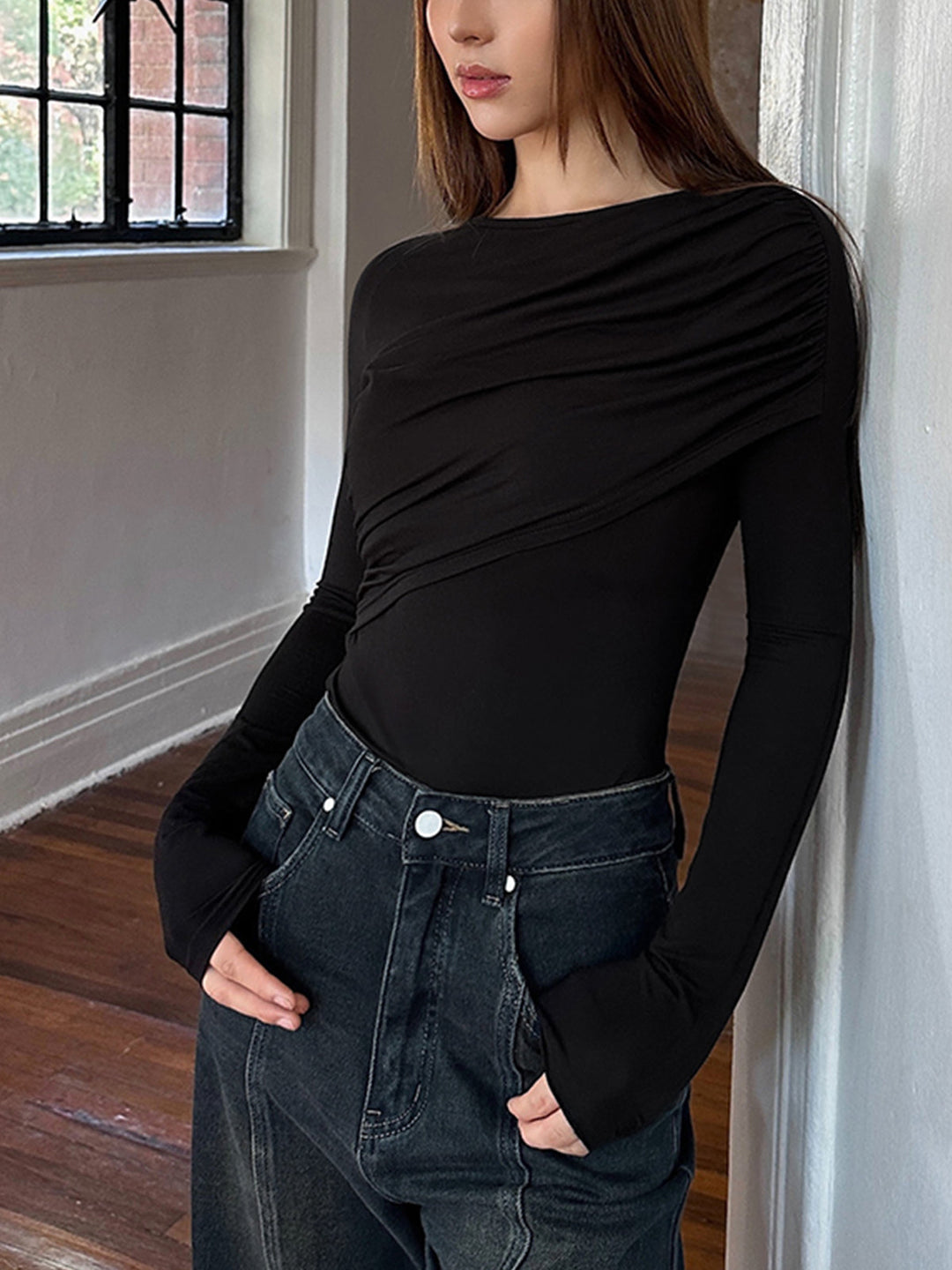 Layered Long Sleeve Pleated Shirt  Liora Lane Boutique T-Shirts Black / XL 28.00