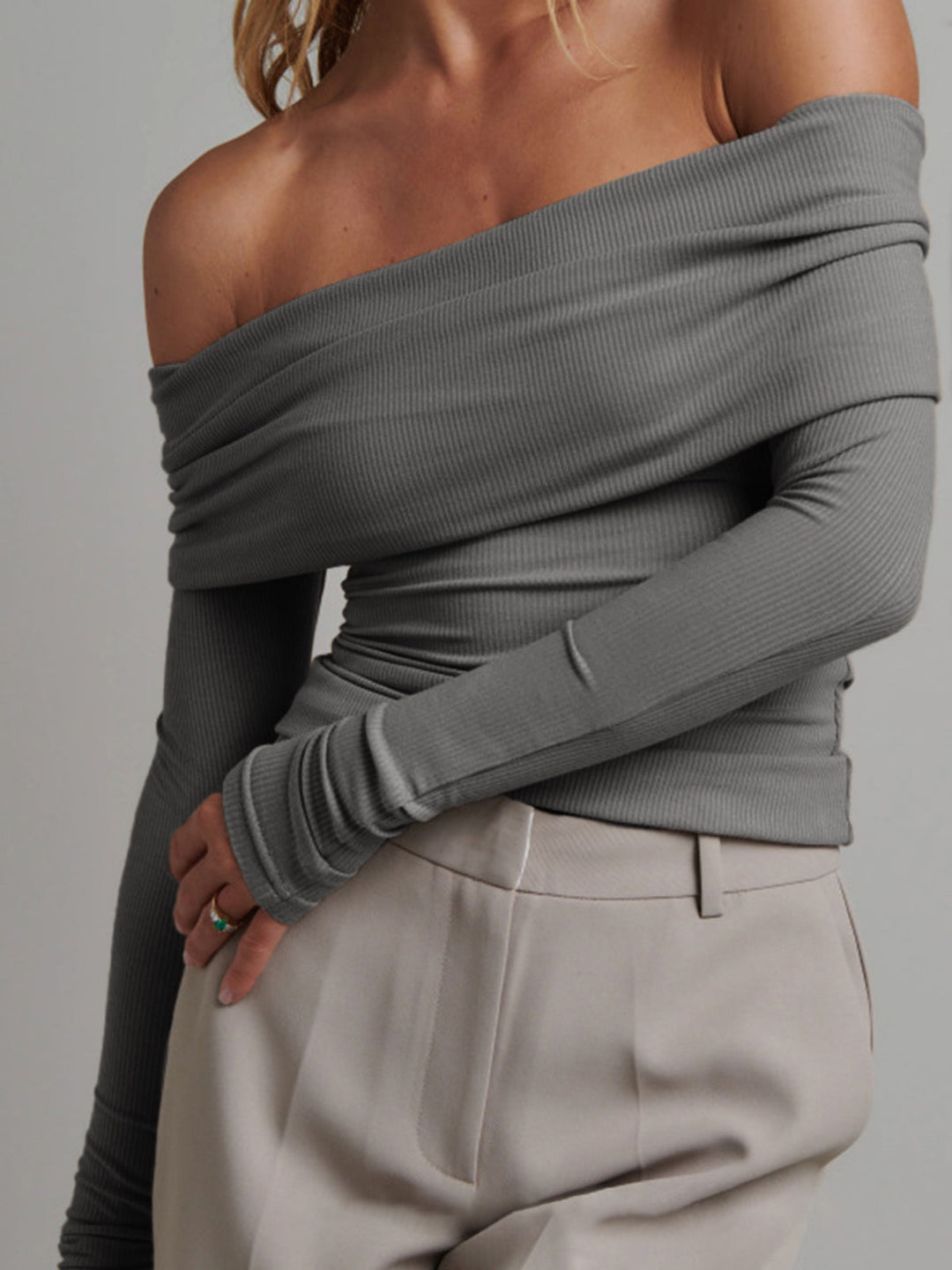 Off Shoulder Overfold Long Sleeve Crop Shirt  Liora Lane Boutique T-Shirts Grey / XL 28.00