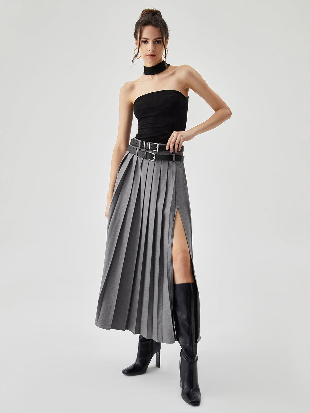 Pleated Split Maxi Skirt Without Belt  Liora Lane Boutique Skirts