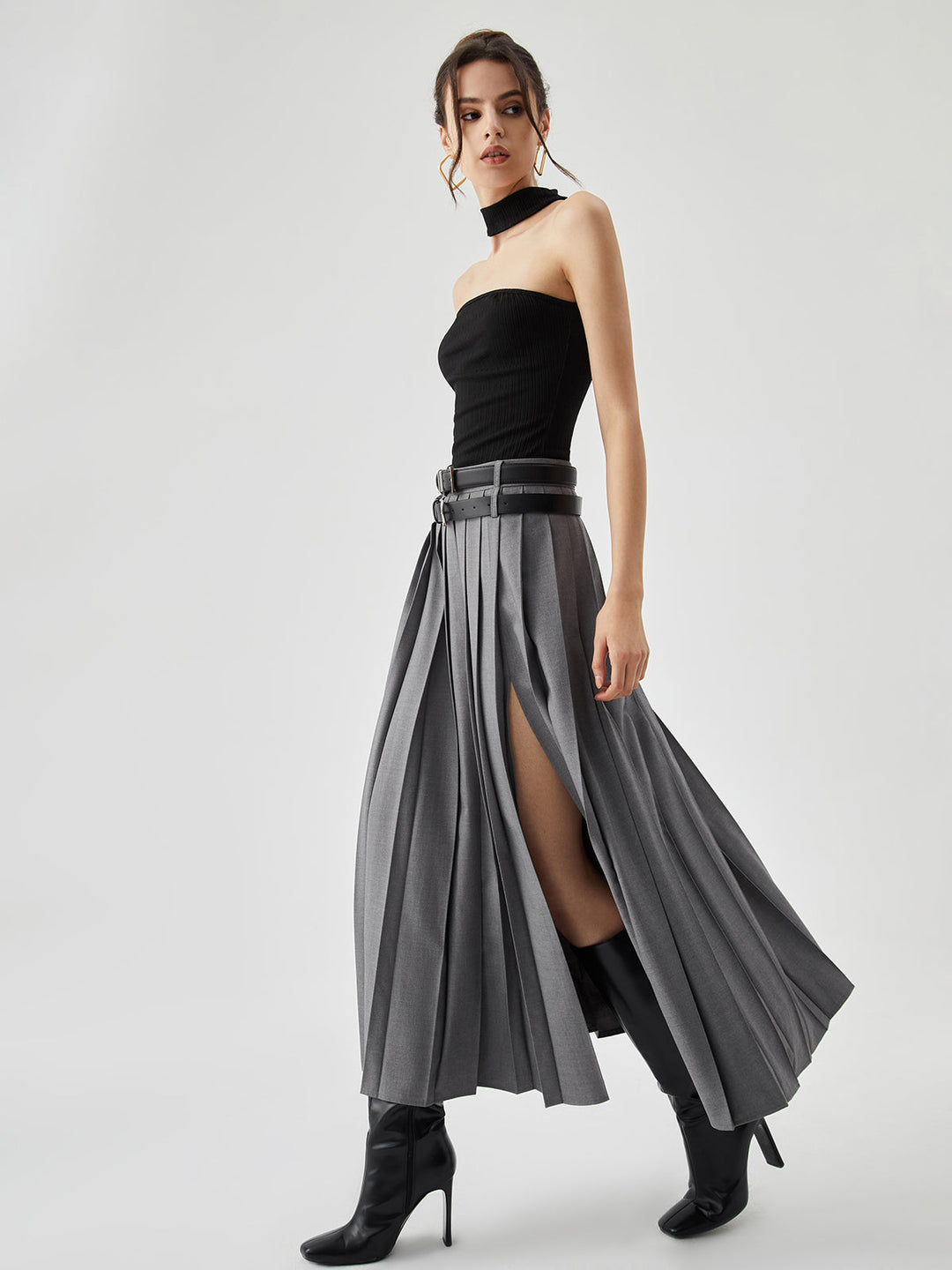 Pleated Split Maxi Skirt Without Belt  Liora Lane Boutique Skirts Grey / XL 62.00