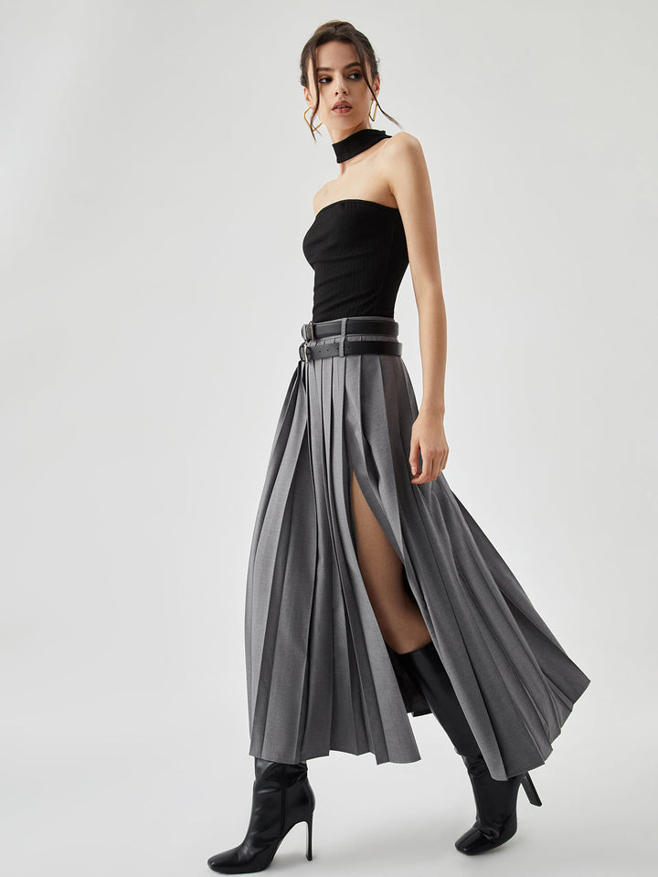 Pleated Split Maxi Skirt Without Belt  Liora Lane Boutique Skirts Grey / XL 62.00