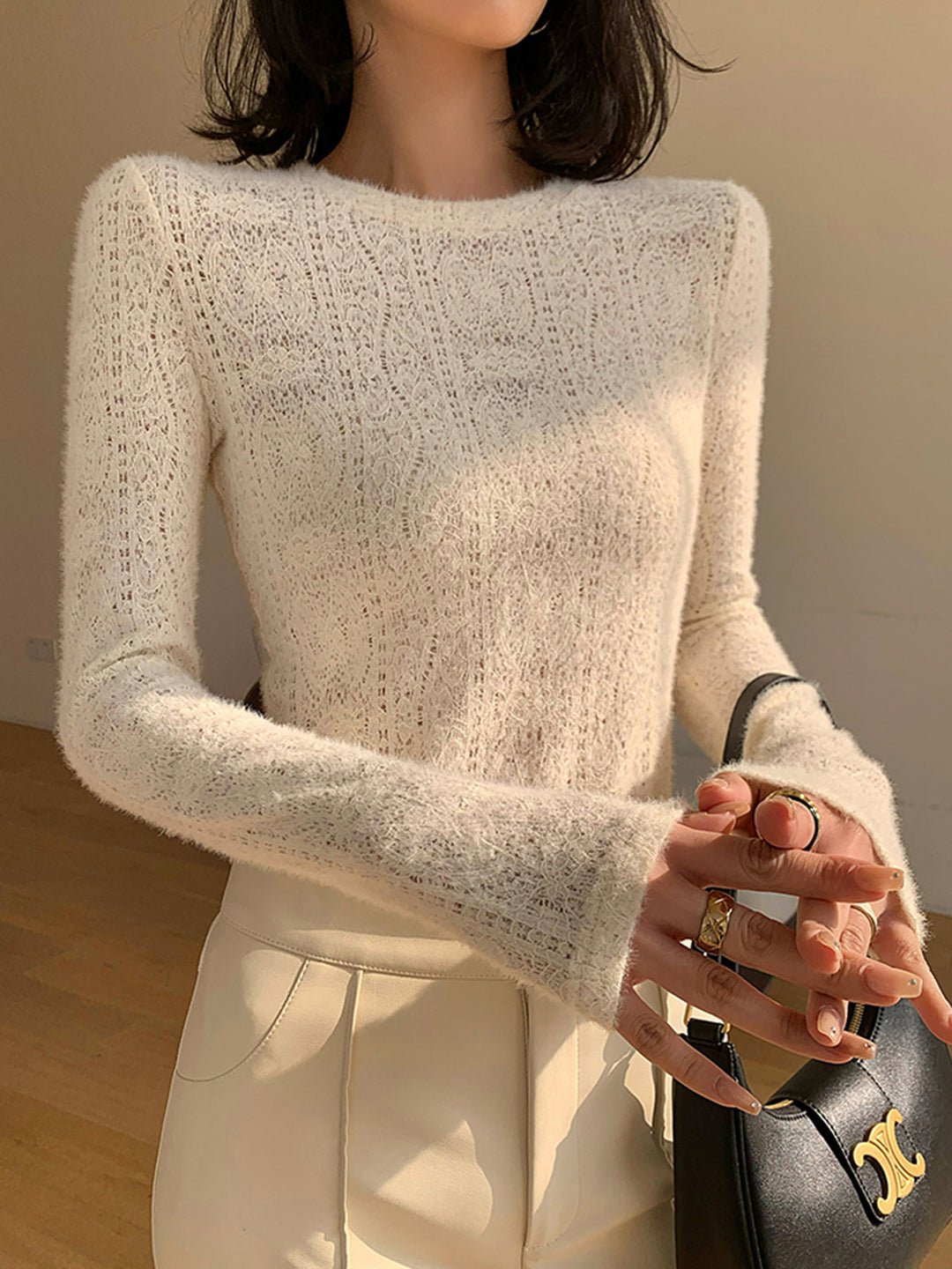Floral Hollow Knit Crew Neck Long Sleeve Top  Liora Lane Boutique T-Shirts Apricot / XL 28.00