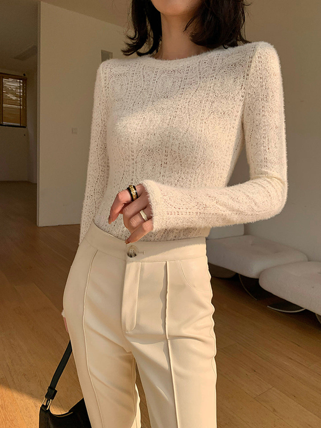 Floral Hollow Knit Crew Neck Long Sleeve Top  Liora Lane Boutique T-Shirts