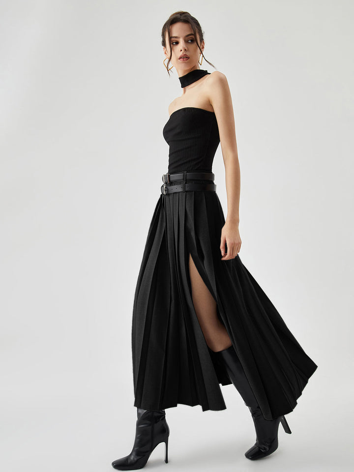 Pleated Split Maxi Skirt Without Belt  Liora Lane Boutique Skirts Black / XL 62.00