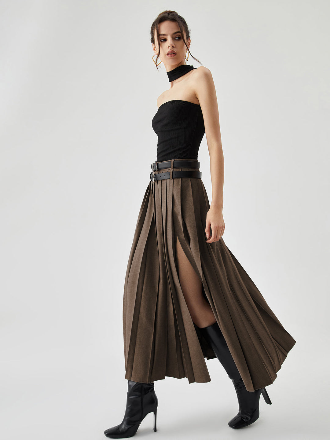 Pleated Split Maxi Skirt Without Belt  Liora Lane Boutique Skirts Brown / XL 62.00