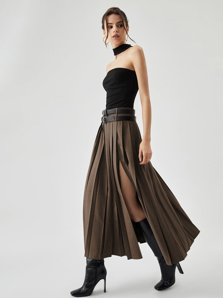 Pleated Split Maxi Skirt Without Belt  Liora Lane Boutique Skirts Brown / XL 62.00