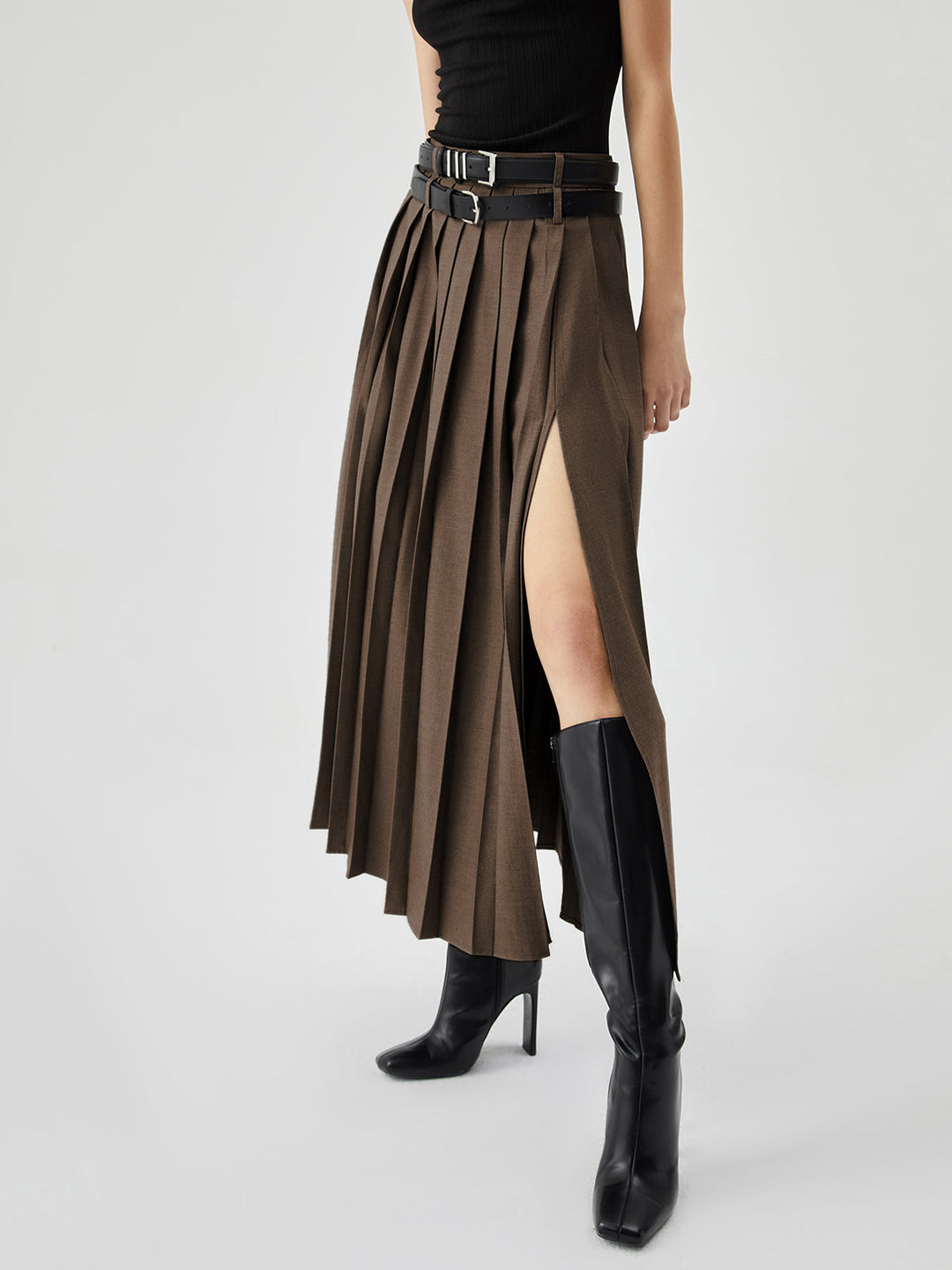 Pleated Split Maxi Skirt Without Belt  Liora Lane Boutique Skirts
