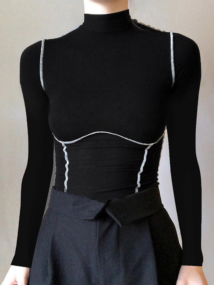 Contrast Trim Mock Neck Long Sleeve Top  Liora Lane Boutique T-Shirts