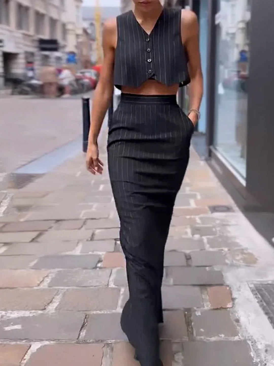 Pinstripe Button Crop Two Pieces Skirt Set  Liora Lane Boutique Skirt Sets Black / XL 48.00