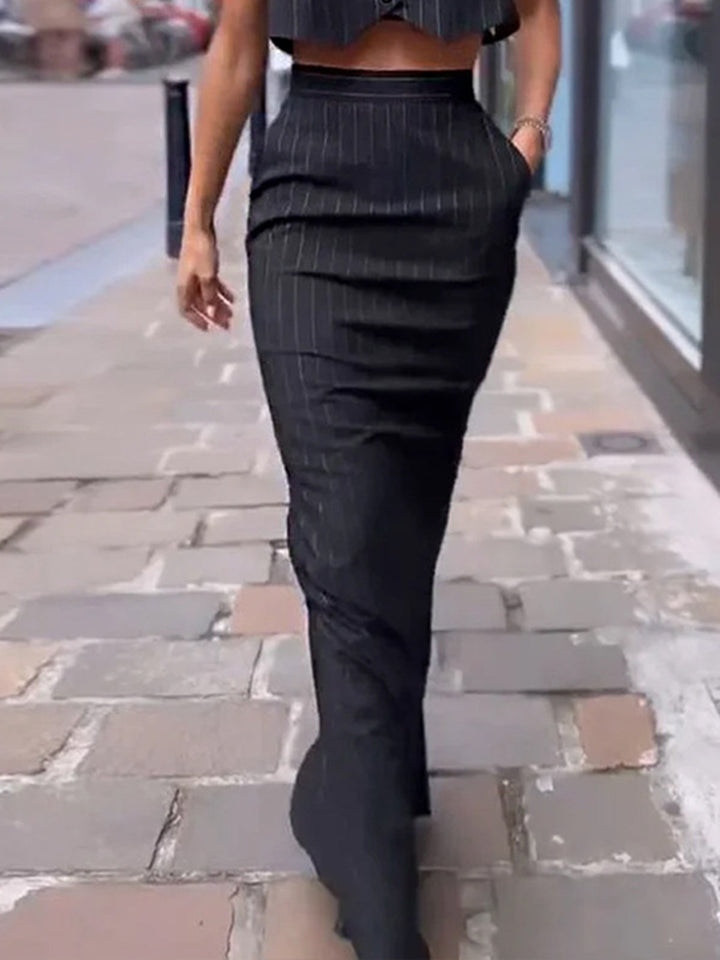 Pinstripe Button Crop Two Pieces Skirt Set  Liora Lane Boutique Skirt Sets