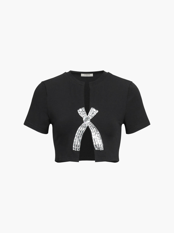 Rhinestone Bow Decorated Top  Liora Lane Boutique T-Shirts