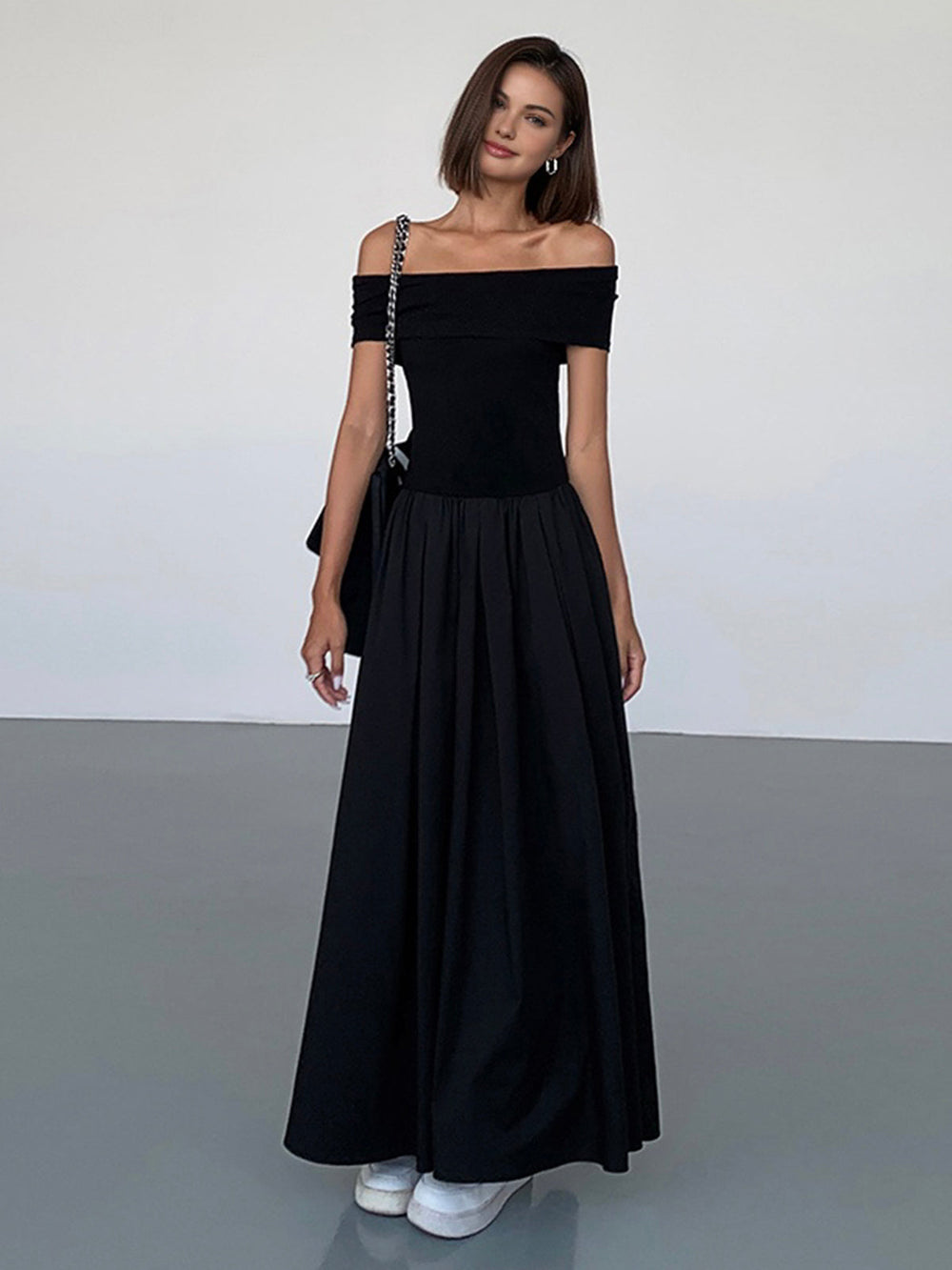 Frenchy Solid Off-Shoulder Long Dress  Liora Lane Boutique Dresses