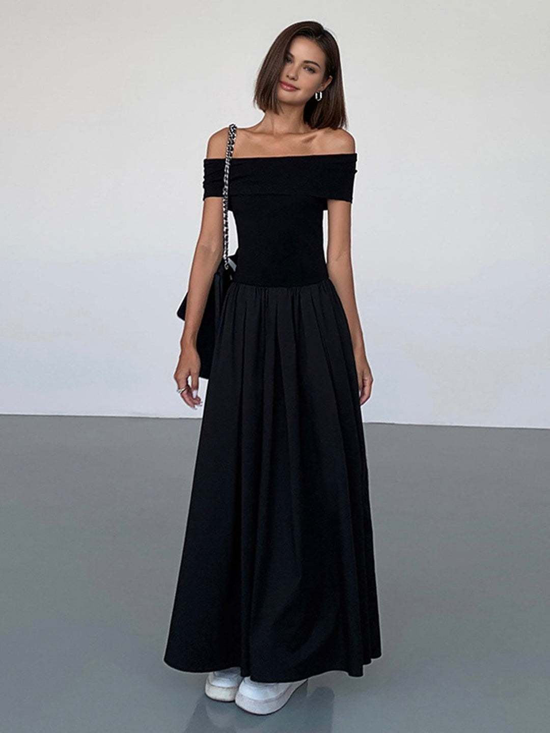 Frenchy Solid Off-Shoulder Long Dress  Liora Lane Boutique Dresses
