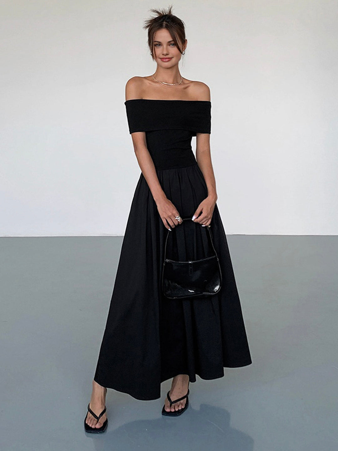 Frenchy Solid Off-Shoulder Long Dress  Liora Lane Boutique Dresses Black / XL 89.99