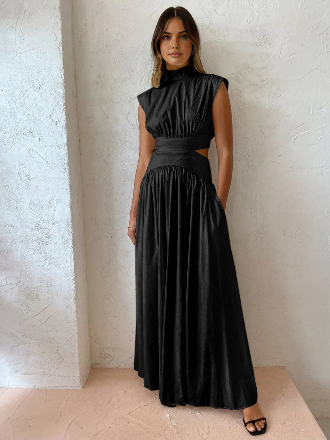 Mock Neck Cut Out Long Dress  Liora Lane Boutique Dresses Black / XL 84.99