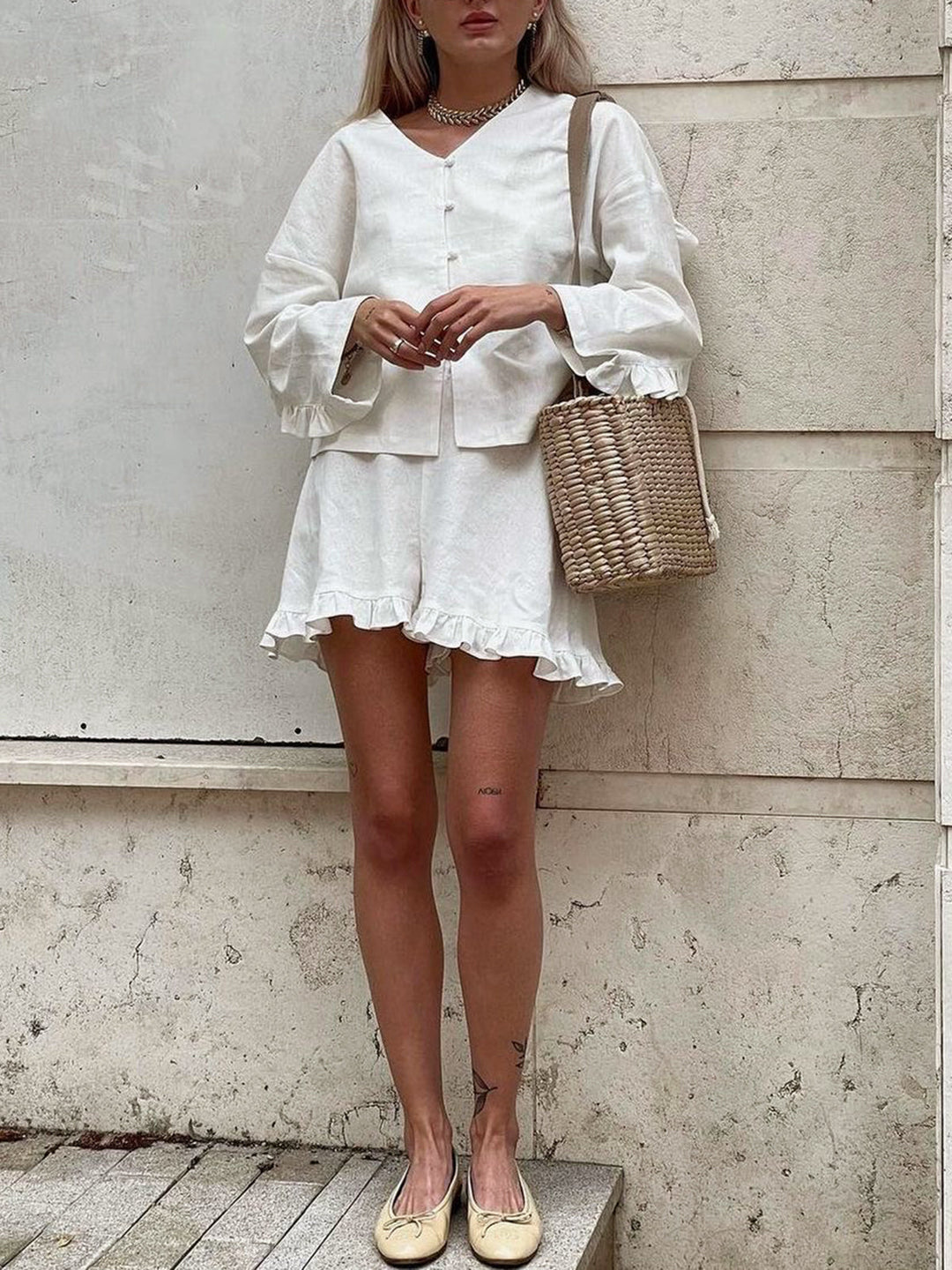 Pure Cotton Ruffle Decor Shorts Set  Liora Lane Boutique Short Sets