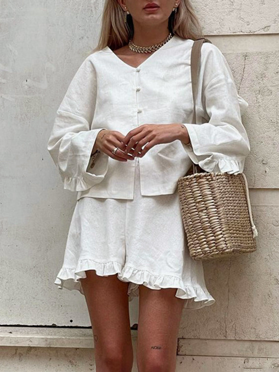 Pure Cotton Ruffle Decor Shorts Set  Liora Lane Boutique Short Sets