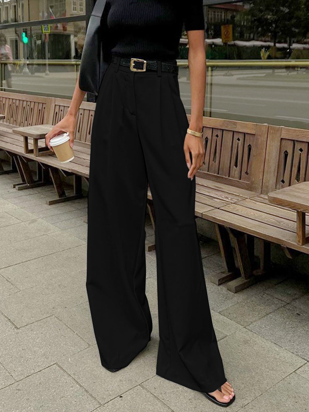 Solid Wide Leg Pants Without Belt  Liora Lane Boutique Pants Black / XL 49.00