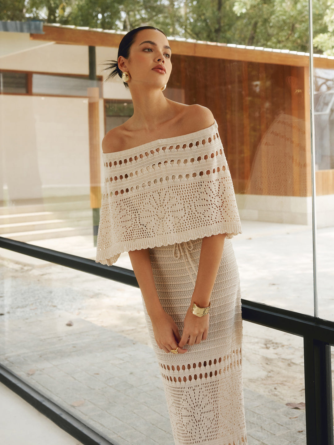 Hollow Out Off-Shoulder Maxi Dress With A Shawl  Liora Lane Boutique Dresses