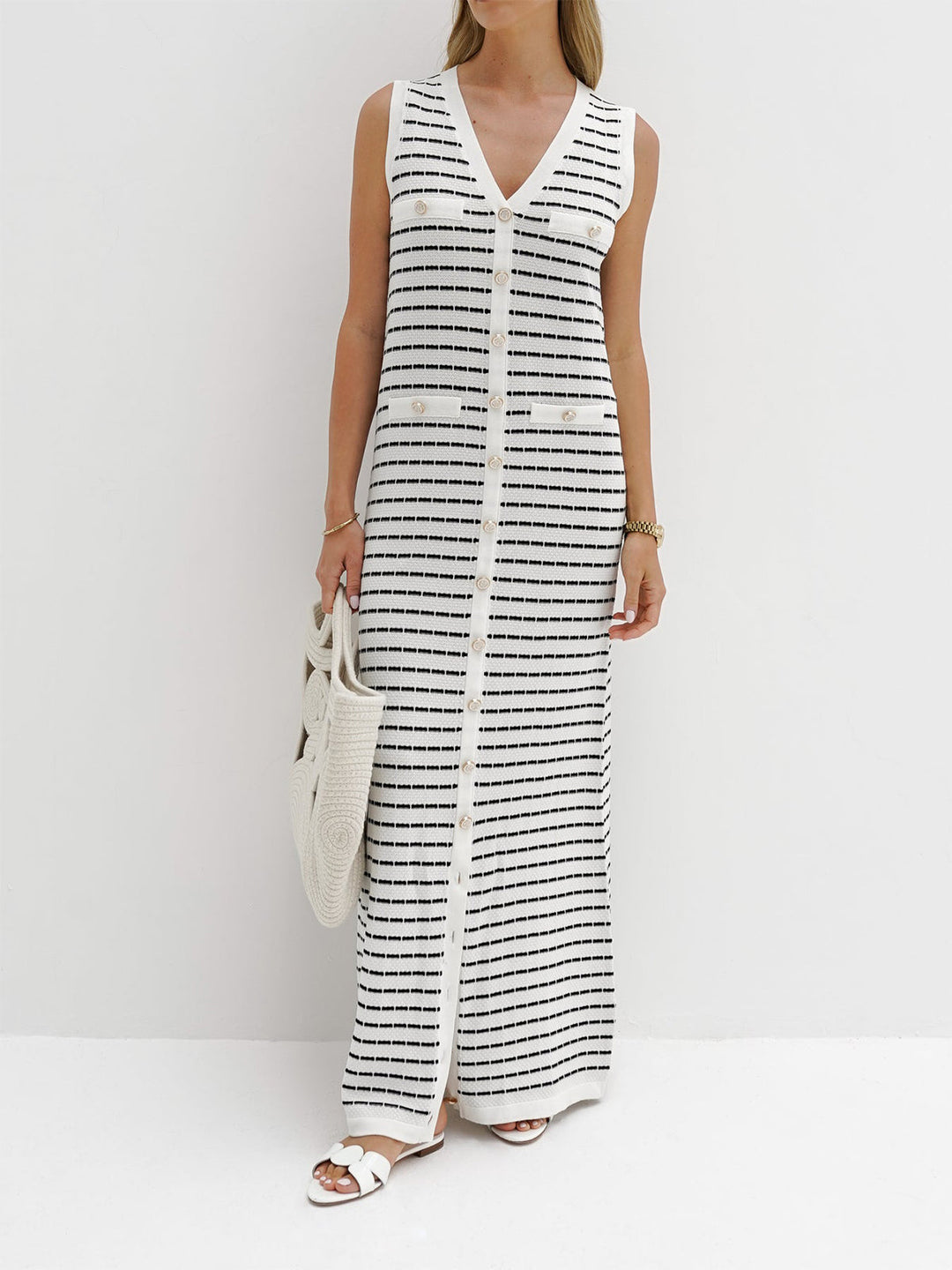 Striped Metal Button Long Sweater Dress  Liora Lane Boutique Sweater Dresses