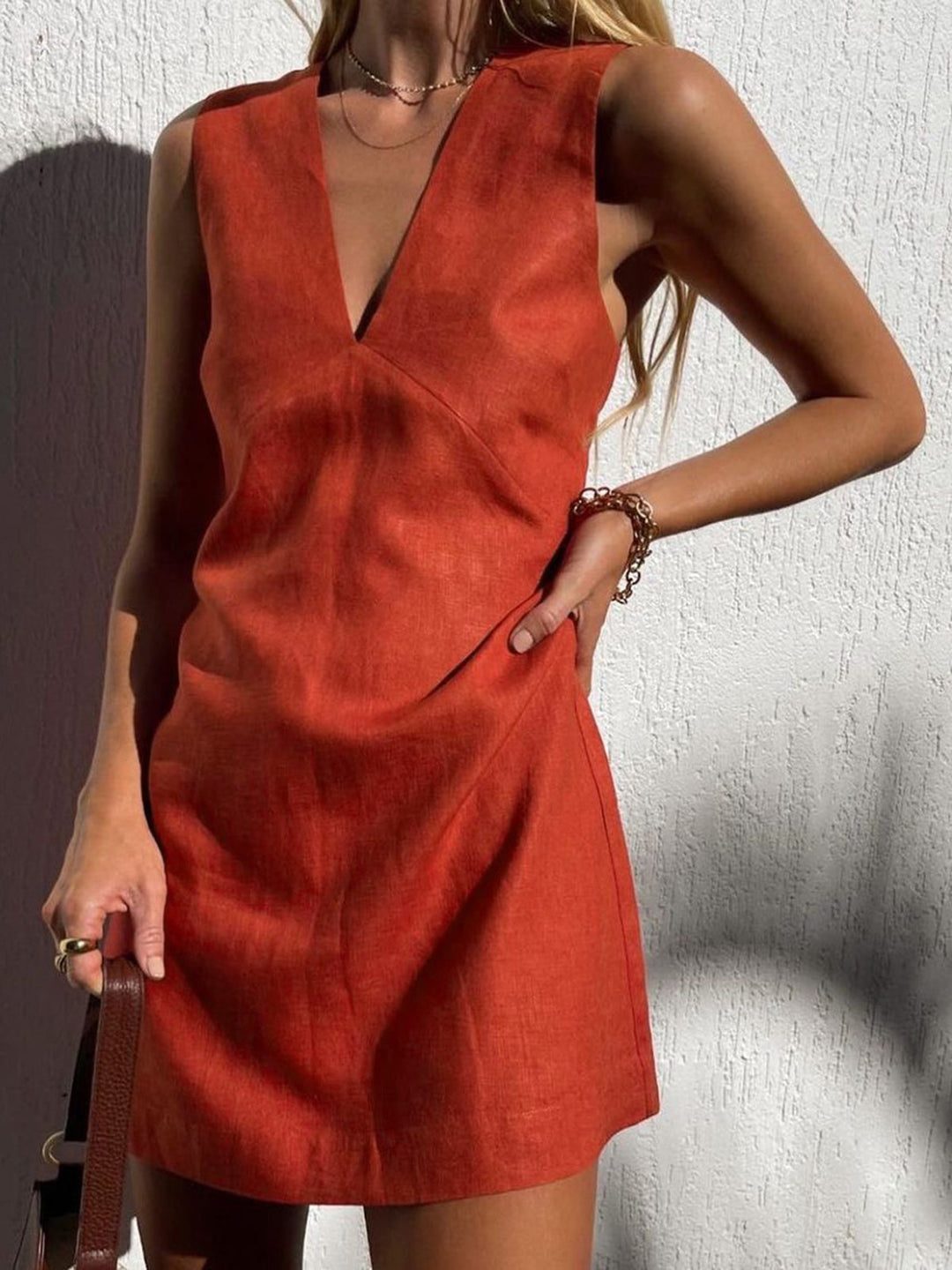 Cotton & Linen V-Neck Short Dress  Liora Lane Boutique Dresses Red / XL 84.99