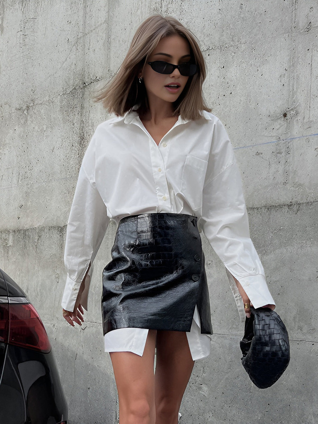 Casual Solid Shirt With Faux Leather Mini Skirt Set  Liora Lane Boutique Skirt Sets