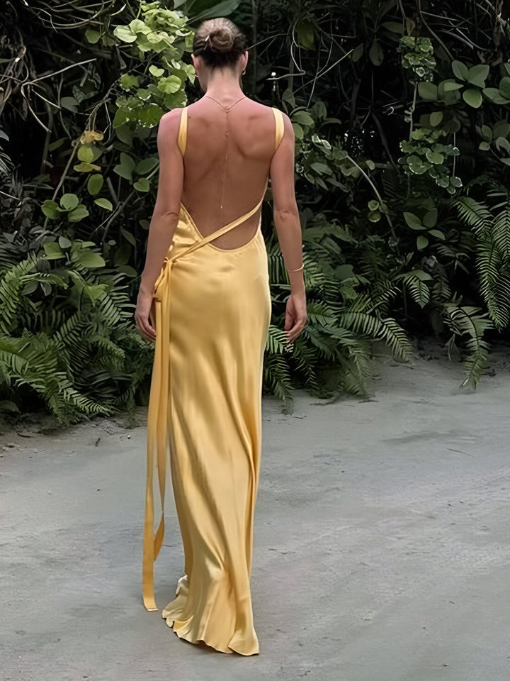 Semi-Sheer Satin Asymmetrical One Shoulder Long Dress  Liora Lane Boutique Dresses